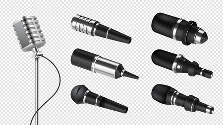 Realistic microphones. Sound studio equipment. Professional microphone for speech, karaoke or radio. Isolated 3d silver mic vector set. Musical karaoke mic for record, microphone vintage illustrationのイラスト素材
