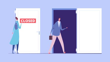 Woman discrimination concept. Business discrimination, male and female flat characters. Closed and opened door, social inequality vector illustration. Inequality opportunity career, rights femaleのイラスト素材