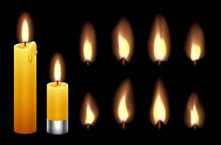 Candle flame. Burning wax candles lights and flames. Fire candlelight isolated on black background. Vector warm lighting set. Illustration candlelight and fire realistic, religion or romanceのイラスト素材