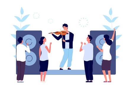 Classical music concert. Musician violinist performance. People listen sound violin. Vector evening entertainment orchestra illustration. Violinist musical, musician performance classicのイラスト素材