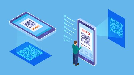 QR code verification. Isometric barcode mobile scanning, customer makes paying with phone scanner. Info QR code vector illustration. Smartphone scanner, qr isometric onlineのイラスト素材