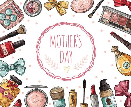Mothers day poster with cosmetics. Eyelashes, lipstick and perfume, powder and makeup brush. Nail polish, foundation vector concept. Illustration mom day banner with lipstick and makeupのイラスト素材