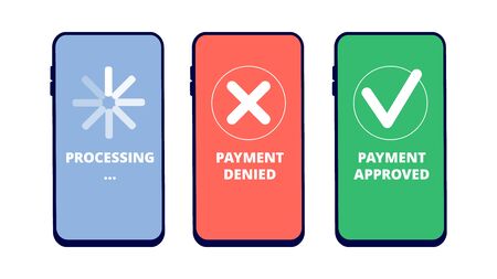 Payment transactions. Online payment approved, denied and in process on smartphone screen. Flat mobile pay service vector concept. Money banking, finance electronic, checkout processing illustrationのイラスト素材
