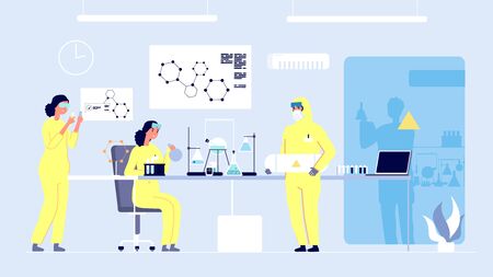 Research laboratory. Scientists, professional medicine lab. Doctor education, chemistry students equipment. Medical innovation experiments vector . Chemistry medicine, specialist research illustrationのイラスト素材