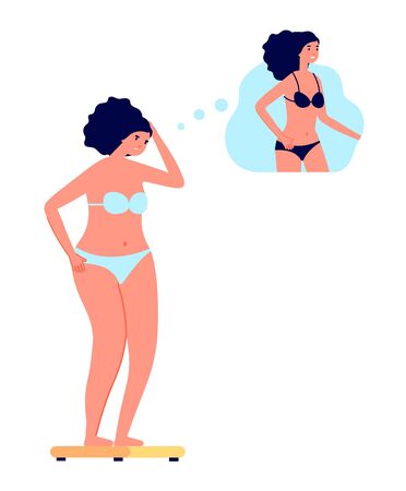 Weight loss. Woman on scales thinking change. Fat girl dreaming about successful slimming. Healthy diet and fitness vector illustration. Woman loss overweight, thin female dietingのイラスト素材