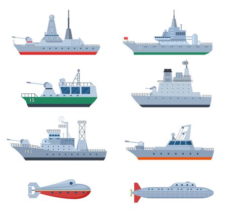 Military boats. Combatant warship, security frigate. Isolated naval defense combat icons. Force and war navy, flat battleship vector set. Military weapon, warship and combat vessel illustrationのイラスト素材