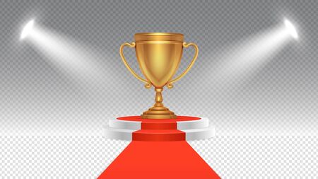 Competition award. Victory podium, sport or business winning pedestal with spotlights. Illuminated red carpet and stage with gold cup vector illustration. Ceremony podium, pedestal win for championのイラスト素材