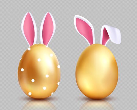 Easter eggs. Golden egg hunting, bunny ears. Isolated realistic spring festive vector elements. Gold egg with ears rabbit, easter design illustrationのイラスト素材