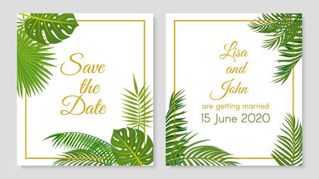 Wedding invitation. Tropical leaves simple invitations. Green jungle plants postcards design. Vector floral banners or flyers templates. Illustration palm floral, green save date and invite weddingのイラスト素材