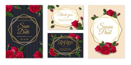 Wedding card with roses. Wedding invitation card, elegant floral bouquet, frame with date and name tag, vintage flower design vector template. Illustration card wedding invitation with floralのイラスト素材