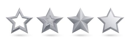 Silver stars. Realistic metal golden stars isolated for rating and holiday decoration vector set. Rating silver award, asterisk star symbol illustrationのイラスト素材