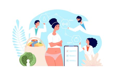 Diet concept. Healthy fasting, delicious detox. Metabolism, obesity treatment with doctors. Dietitians, personal therapy vector illustration. Weight obesity, nutrition dieting, dietitian nutritionistのイラスト素材