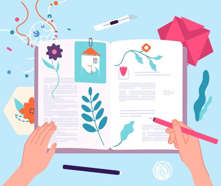 Scrapbooking hobby. Book dry plants, scrapbook or craft. Handmade kid notebook for paint or herbarium. Creative work vector illustration. Hobby craft scrapbook, scrapbooking handmadeのイラスト素材