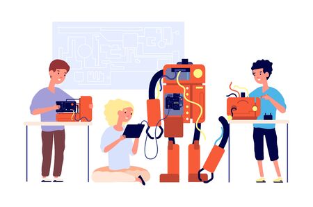 Robotics. Robots presentation, school engineering technology. Children showing cyborg. Young engineer education. Kids project vector concept. Education robot programming, study illustrationのイラスト素材