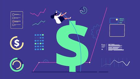 Woman financial success. Businesswoman jumps over money, business and profitable investment. Female analysis finance, career growth vector illustration. Businesswoman jumping, infographic financeのイラスト素材