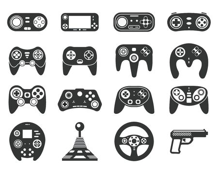 Black game console. Video games joystick, playing device. Isolated computer gadgets, controller and consoles silhouette. Gaming vector icons. Gadget game, play gaming entertainment illustrationのイラスト素材