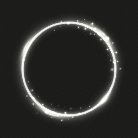 Circle silver frame. Neon lighting banner isolated on transparent background. Round glow and glitter effect vector design element. Light circle glow, glitter glowing illuminated illustrationのイラスト素材
