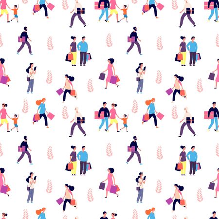 Shopping people pattern. Happy smiley men women kids with shop bags. Walking persons vector background. Shopping family, woman and man with children illustrationのイラスト素材