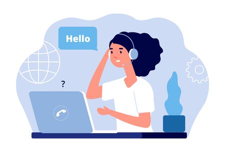 Support center. Calls administrator, woman with laptop and headphones. Customer service vector illustration. Administrator business with headphone, office contact assistantのイラスト素材