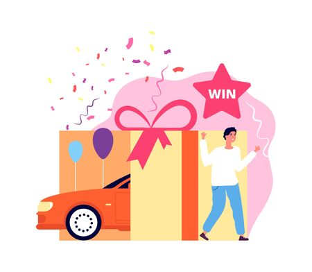 Lottery winner. Happy man win car. Surprise, gambling casino prize. Winning time, lucky guy vector illustration. Car winner, automobile lottery, gift winningのイラスト素材