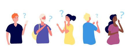 Thoughtful people. Curious girls, young thinking characters. Man has question, contemplative or pensive person. Problem solution vector illustration. Thinking human, adult think idea and questionのイラスト素材