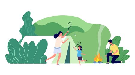 Family camping. Forest recreation, mountain outdoor camp. Summertime vacation. Mother father daughter weekend. Summer adventures vector illustration. Summer forest, recreation adventure vacationのイラスト素材