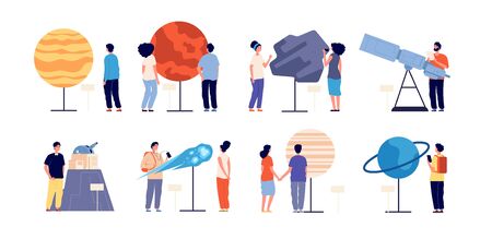 Planetarium. Astronomy, people observatory excursion. Astronomical scientific, planets solar system, telescope. Space exhibition vector set. Astronomy exhibition, planetarium museum illustrationのイラスト素材