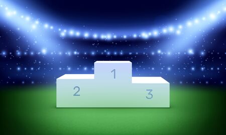 Sport pedestal on stadium. Winners podium, realistic reward stair. Award platform and spotlights, champion competition vector illustration. Podium on stadium, pedestal stage for sport ceremonyのイラスト素材