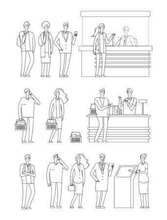 People queues. Man woman waiting lines. Isolated line characters on cash boxes. Person in grocery, station and bank. Tickets buying, pay food vector illustration. Queue line woman and man line styleのイラスト素材