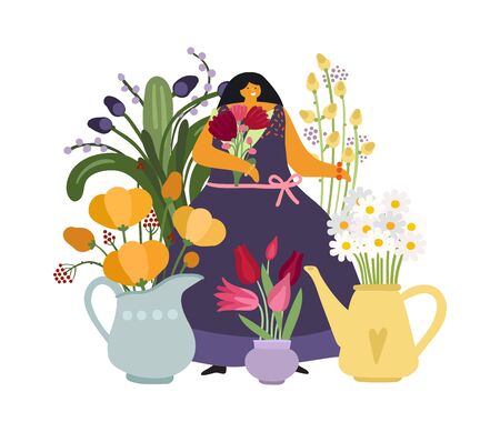 Woman with flowers. Flower girl, gardener or plant lover. Florist, floral shop. Mother day card with happy woman vector illustration. Girl gardening and flower portraitのイラスト素材