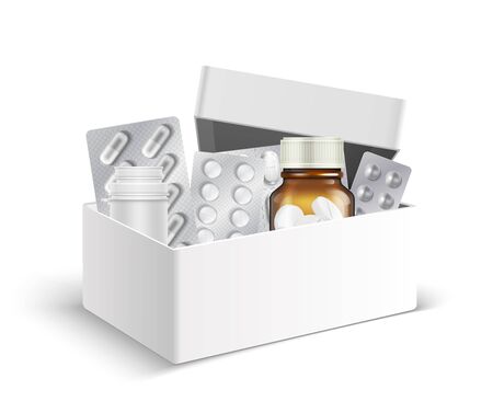 First aid home box. Medical bottles and pills blisters. Realistic packs with drugs, antibiotics or vitamins. Isolated pharmacy package vector illustration. Medical care, health box, medicine equipmentのイラスト素材