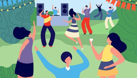 Garden party. Adult outdoor barbecue. Women men in summer park. Disco, friends drinking and recreation. Backyard leisure vector illustration. Summer character relax dance and leisure in parkのイラスト素材