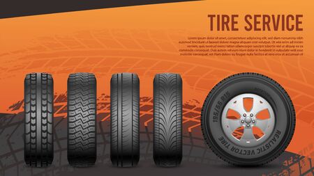 Tire service banner. Tires, car wheels poster. Autos repair, wheel replacement vector illustration. Tyre rubber business, auto repair serviceのイラスト素材