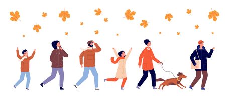 People and autumn leaves. Seasonal colourful leaf. Woman kids playing and jumping. Fall foliage, activity and dog walks vector illustration. People cheerful walk in autumn fall with dogのイラスト素材