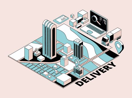 Delivery concept. Retro isometric logistic planning, city and transportation. Truck, laptop, town mockup vector concept. Delivery isometric, search building and fast supply illustrationのイラスト素材