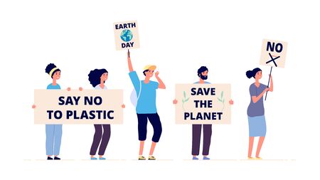 Save the planet. Earth day, environmental activists with placards. Ecological demonstration, global climate change. Green people message vector illustration. Environment eco and planet protectionのイラスト素材