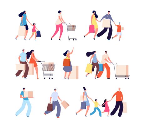 Family shopping. Consumers, woman buy food or clothes. Isolated people with bag for shop. Kids and adult fashion shoppers vector characters. Family purchase, young woman in supermarket illustrationのイラスト素材