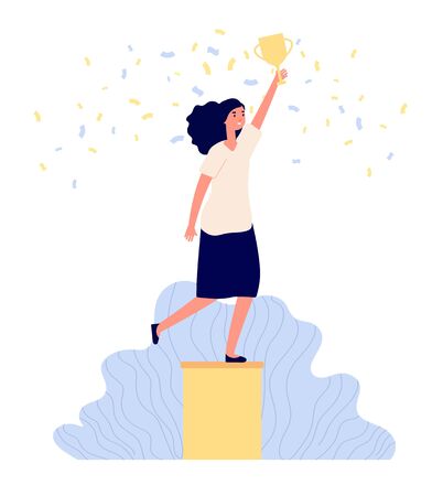 Business woman on pedestal. Female character work success. Girl holds trophy in hand. Golden cup award winner, victory vector illustration. Business person pedestal, success woman awardのイラスト素材