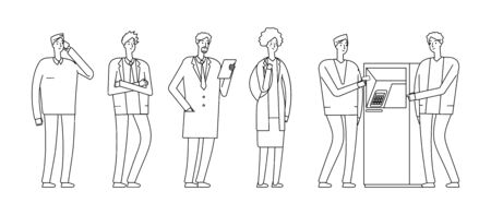 People queue to ATM. Bank consultant helps man. Isolated flat woman guys in waiting line vector illustration. Bank finance queue to atm, business worker helpingのイラスト素材