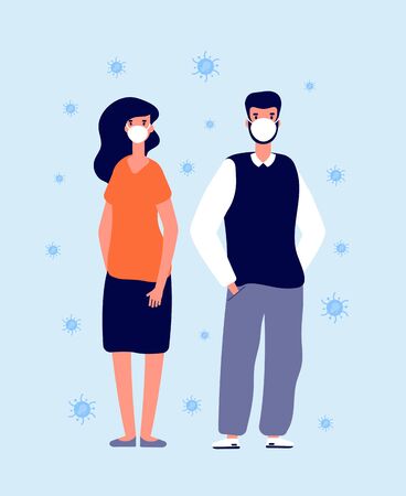 Individual virus protection. Medical masks, people wearing protect. Prevention flu, disease or pollution. Human in mask vector illustration. Protection coronavirus or pollution, medical maskのイラスト素材