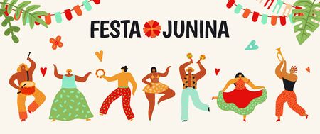 Festa Junina. Tradition brazil party. Dancing carnaval, latin june celebration poster. Summer...