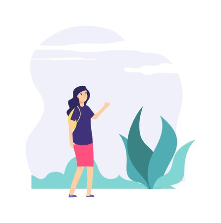 Girl walking outdoor. Good weather, cloudy day. Girl looking at sky on clouds. Female student or tourist with backpack vector illustration. Girl walking outdoor, character young looking in parkのイラスト素材