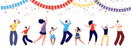 People on party. Fun dance group. Happy parent and kids. Corporate business or family celebrate, woman man child dancing vector illustration. Family happy, man and woman partyのイラスト素材