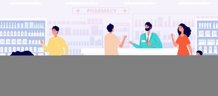 Pharmacy store. Pharmacist medical shopping, woman in drugstore interior. People buy medication. Patient and man nurse vector illustration. Pharmacy medical, pharmacist medicine storeのイラスト素材