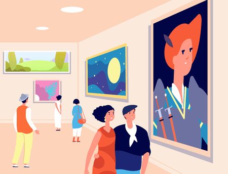 Art museum. Modern artist exhibition, contemporary gallery. People looking at artistic paintings. Excursions exposition vector illustration. Excursion and exhibition, people in gallery with pictureのイラスト素材