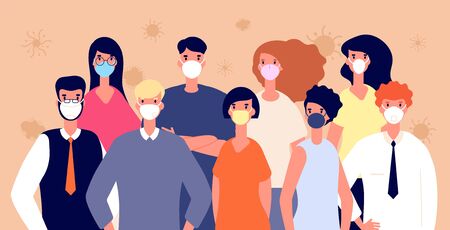 People in medical masks. Flu virus prevention. Man woman wearing individual health protection, covid-19 or coronavirus vector illustration. Protection people mask against coronavirus, safety crowdのイラスト素材
