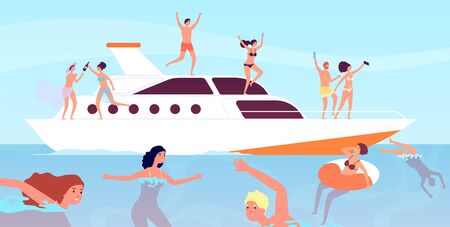 Yacht cruise. Luxury men wine party on boat. Outdoor vacation sexy professional models. Yachting, friends relax on ship vector illustration. Yacht sea, ship boat summertime, adventure transportationのイラスト素材