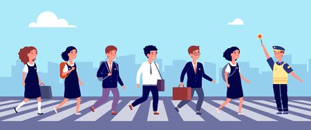 Crosswalk kids. School children crossing street on cross road. Safety students on highway. Traffic controller in uniform vector illustration. Road school, traffic crosswalk street pedestrian cityのイラスト素材
