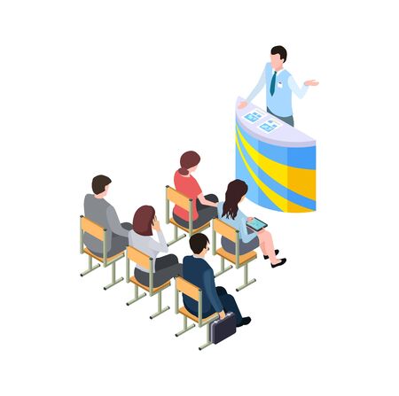 Business training. Coach on tribune, 3d people learning or listen presentation. Isometric man woman students vector character. Business training, man on tribune hold seminar illustrationのイラスト素材