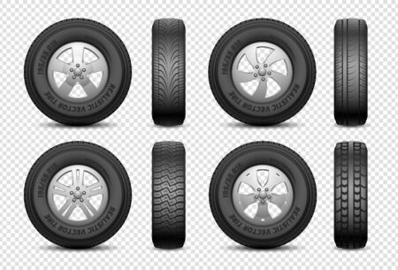 Realistic tires. Isolated car rubber wheel. Vehicle service, truck wheels repair. Front and side view tire vector set. Illustration automotive service, auto tire and disk metalのイラスト素材